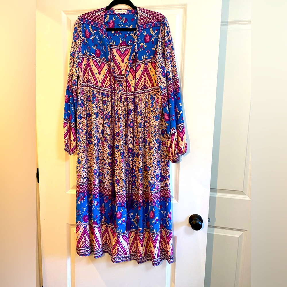 Indian block print boho midi dress in purple